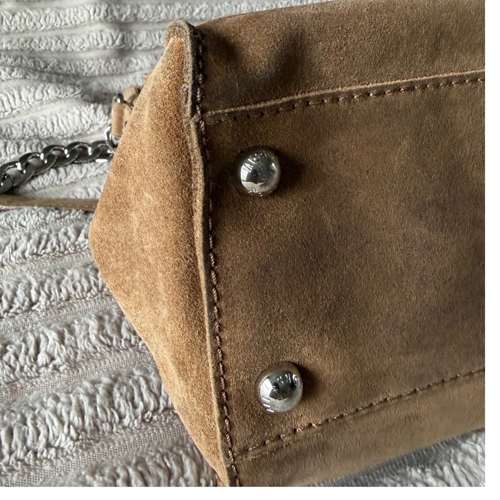 Michael Kors Hamilton Tan Suede Satchel Bag Silver Hardware Lock & Key Large - Picture 7 of 14